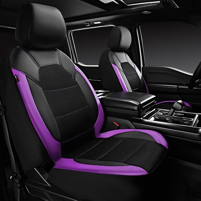 CAR PASS Leather Seat Covers, Breathable Universal Car Seat Cover Full Set for Cute Women Girly,Super 5mm Composite Sponge Inside,Airbag Compatible fits Most Auto,SUVs,Trucks,Vans(Black&Purple) - Image 3