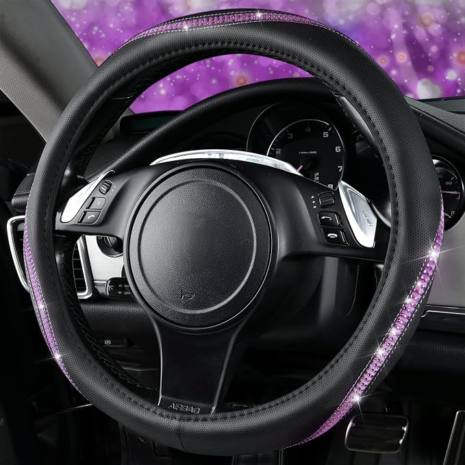 CAR PASS Bling Diamond Black Leather Steering Wheel Cover, Studded Crystal Rhinestones Universal Fit 14" 1/2-15" Glitter for Women Sparkle Girl Fit Suvs,Vans,Sedans,Car,Trucks, Purple Diamond - Image 2