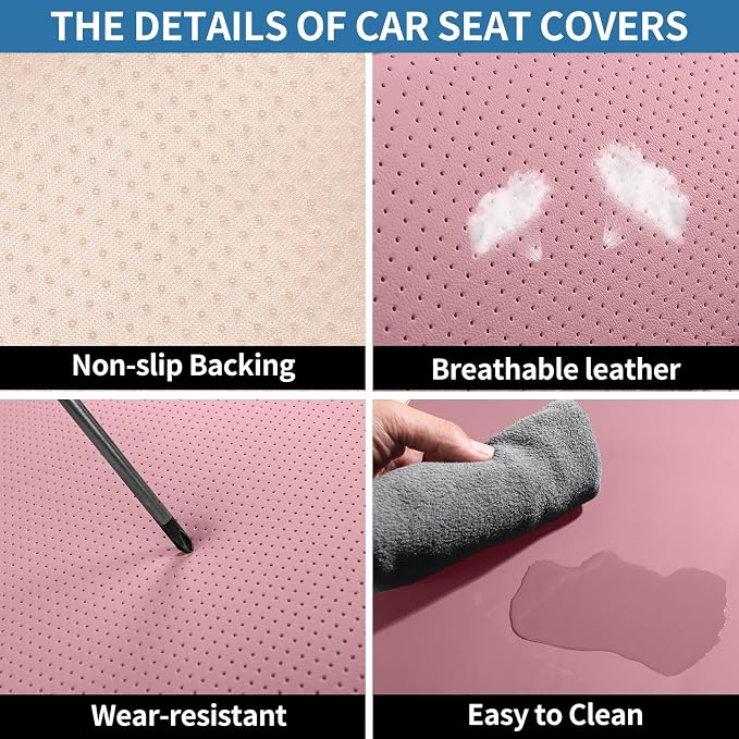 Leather Car Seat Covers Full Set Automotive Seat Protectors | Breathable Waterproof Durable Full Surround & Lumbar Support Design Non-Slip Universal Fit for Most Cars SUV Trucks Van Pink - Image 3