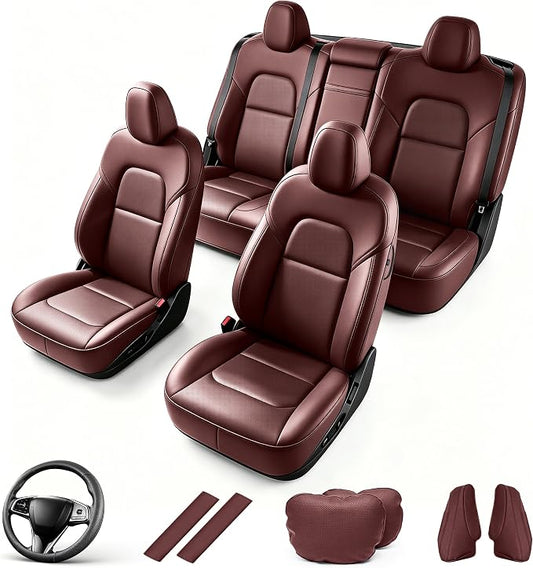 AOMSAZTO Seat Cover for Tesla Model 3 2017-2023(Not Performance) | Faux Leather,Waterproof,Airbag Compatible,5-Pieces Set with Seatbelt,Steering Wheel Covers,Side Bolster Cover&Headrests-Black by AOMSAZTO