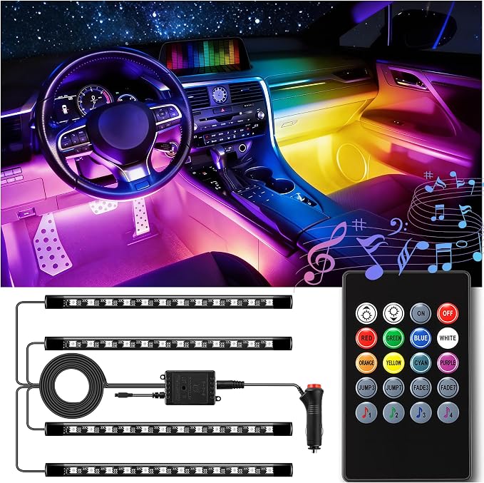 LivTee Car Led Interior Lights，4pcs 48 LED Multicolor Music Car Interior Accessories Under Dash Lighting Waterproof Kit with Sound Active Function and Wireless Remote Control, Car Charger Included by LivTee