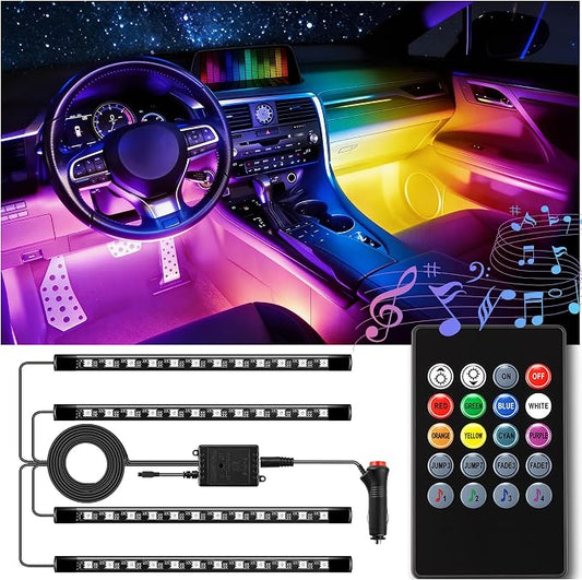 LivTee Car Led Interior Lights，4pcs 48 LED Multicolor Music Car Interior Accessories Under Dash Lighting Waterproof Kit with Sound Active Function and Wireless Remote Control, Car Charger Included by LivTee