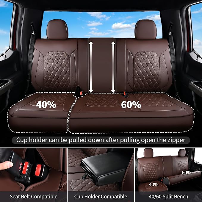 Huidasource Ford Custom Seat Covers, Car Seat Cushion Cover Fit for 2015-2026 Ford F150 SuperCrew & 2017-2026 F250 F350 F450 Super Duty Crew Cab XL XLT Lariat King Ranch Platinum(Full Set/Coffee) - Image 3