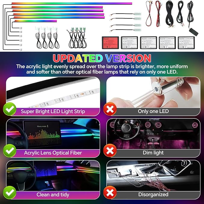 Dream Color Acrylic Interior Car Ambient Light Kit, Bphuny 18 in 1 593 LEDs Fiber Optic Multiple Modes Decoration Atmosphere Lights with Music Dynamic Rainbow Rhythm, RGB Neon Lights for All Cars - Image 4