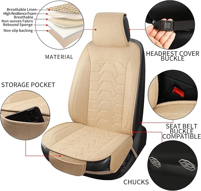 Linen Front Car Seat Covers Cloth Fabric Automotive Seat Protectors | Breathable Durable Anti-Slip All-Season Comfort Easy to Install Universal Fit for 95% of Cars Trucks SUVs Vans (Beige, 2PCS) - Image 5