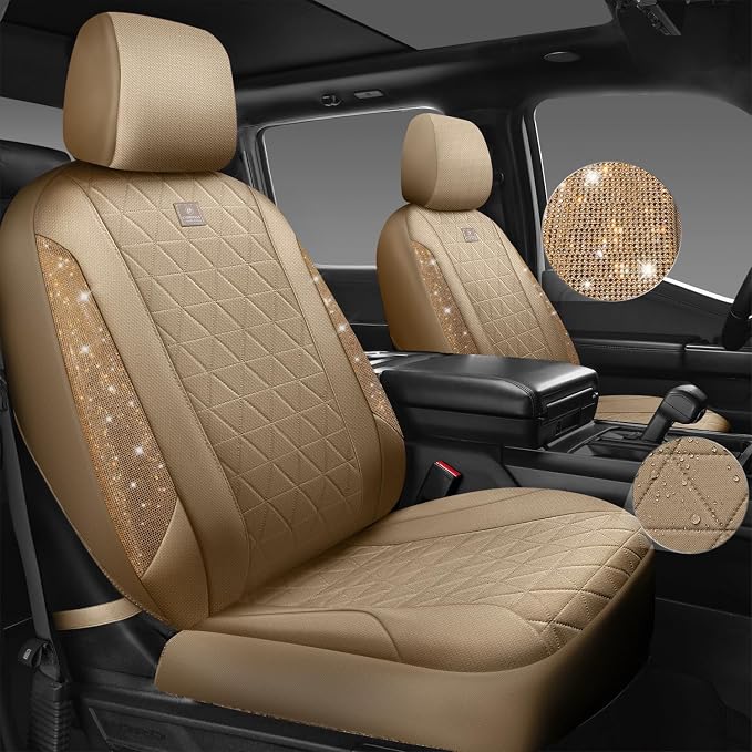 CAR PASS Beige Oxford Bling Diamond Car Seat Covers Full Set Interior Sets, Waterproof Shining Glitter Sparkly Crystal Universal Armrest Fit 95% Automotive Truck SUV Cute Women Girl, Beige Rhinestone - Image 2