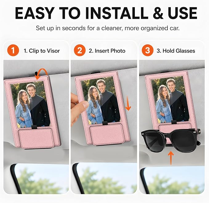 2-in-1 Car Visor Sunglasses & Photo Holder, Magnetic PU Leather Glasses Clip with Picture Display Slot, Universal Sun Visor Organizer for Eyeglasses, Personalized Cards & Memories, Dusty Pink - Image 4