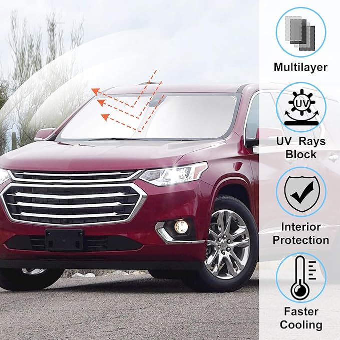 Windshield Sun Shade for 2018-2023 Chevrolet Traverse | Full covered for windshield, Foldable & Durable, Block UV Rays, Reduce Heat, Easy to install, Keep Car Cooler - Image 2