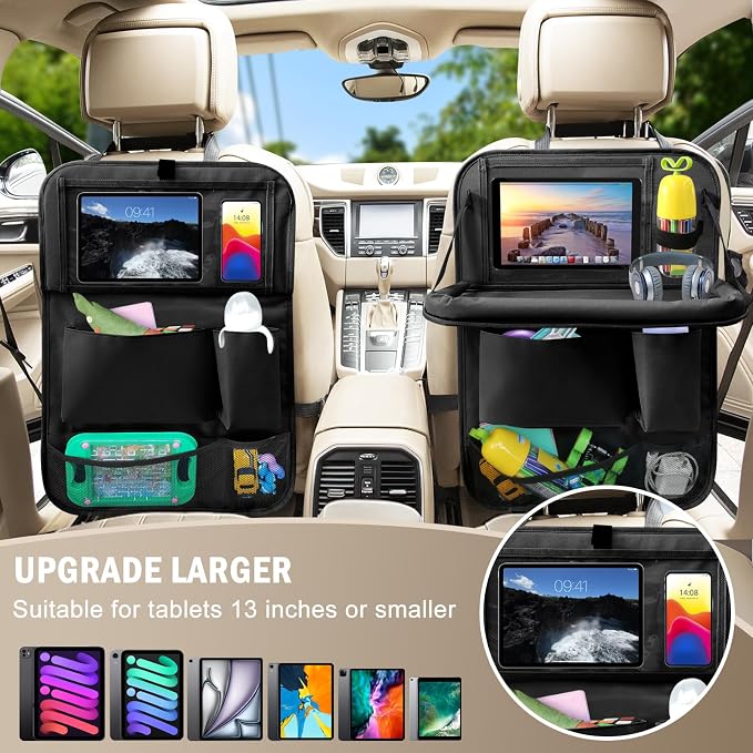 2Pack Car Backseat Organizer with Foldable Table Tray,6 Storage Pockets Car Storage Organizer with Tablet Holder,Car Seat Back Protectors Kick Mats Travel Accessories (Black) - Image 8