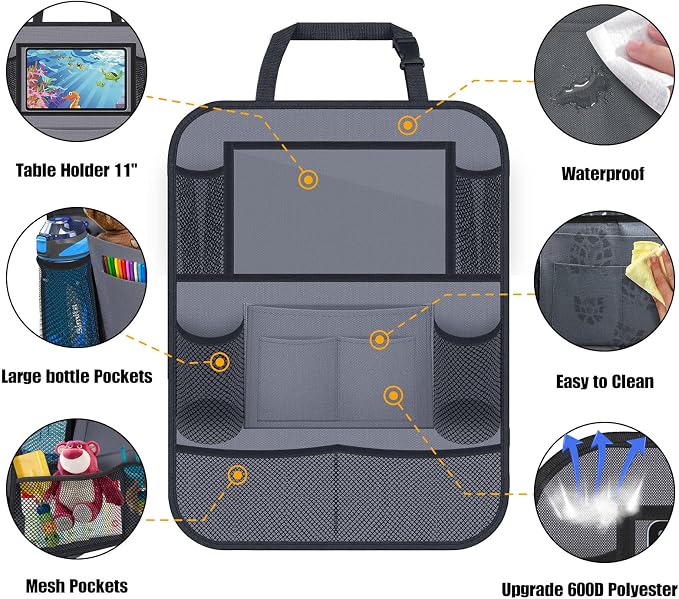 Backseat Car Organizer w/ 10 Storage Pockets 11" Tablet Holder, 2 PCS Gray | Car Organizers and Storage Kick Mats Back Seat Protector w/ Touch Screen Tablet Holder for Kids Toddlers, Travel Accessories - Image 2