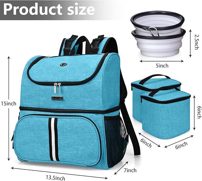 BAGLHER Pet Travel Bag, Double-Layer Pet Supplies Backpack (for All Pet Travel Supplies), Pet Travel Backpack with 2 Silicone Collapsible Bowls and 2 Food Baskets Sky Blue - Image 3