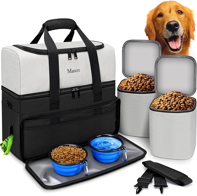 Mancro Dual Layers Dog Travel Bag, Dog Mom Gifts, Road Trip Essentials | Pet Travel Bags with 2 Extra Large Food Containers, 2 Collapsible Dog Bowls, Multi-Pockets Tote Organizer for Pet Supplies by Mancro