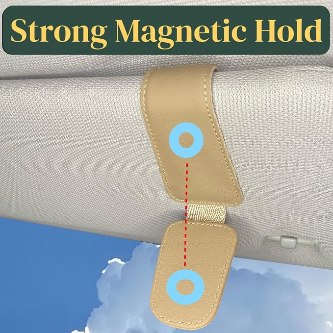 Leather Sunglass Holder for Car Visor, Magnetic Eyeglasses Clips(Beige) | One-Handed Operation, Fits Different Size Eyeglasses, Car Essentials for Women - Image 3