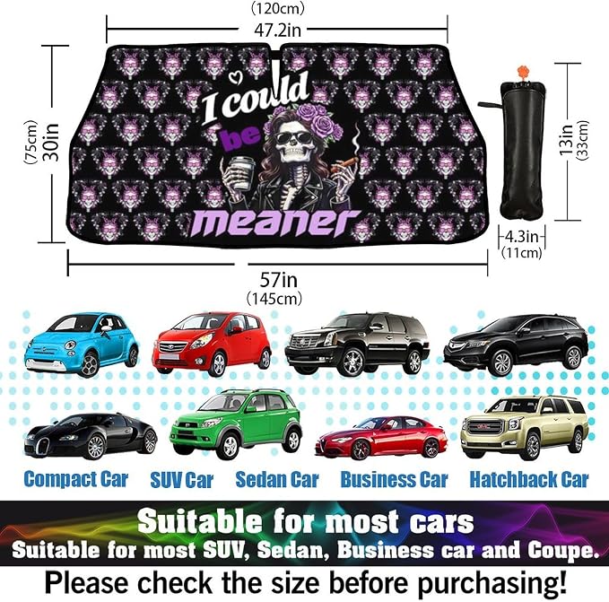 Socira I Could Be Meaner Funny Skull Car Windshield Sunshade Umbrella | Foldable Umbrella Sun Shade Windshield Cover Sunshade Car Accessories Blocks Uv Rays Keeps Cool (57" X 30") - Image 3