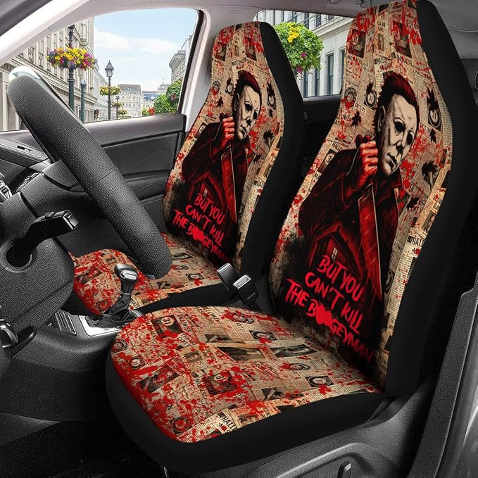 GENANY White Horror Mask Car Seat Covers, 2-Piece Front Seat Set | 2-piece polyester front seat cover set, each 49.5 x 19.6 inches, with adjustable straps and hooks - Image 3