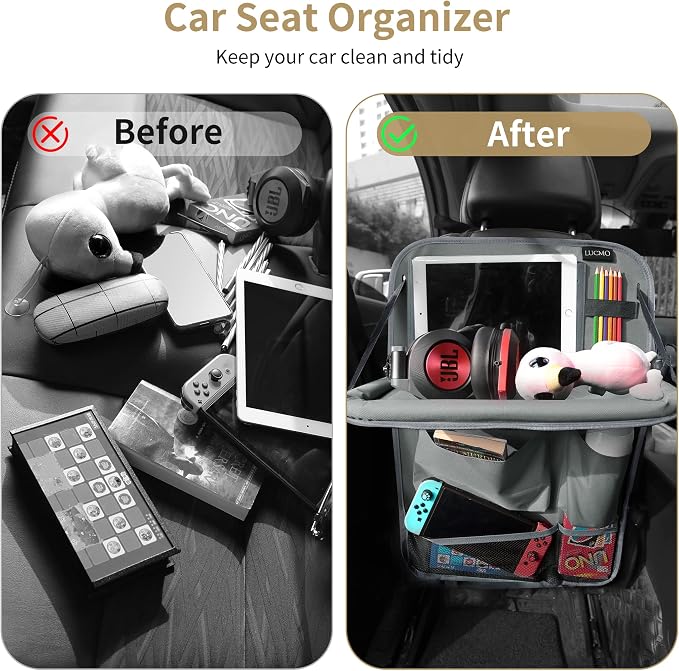 LUCMO Car Backseat Organizer with Foldable Tablet Holder, Grey | 6 Storage Pockets,Foldable Food Tray,Protectors Kick Mats,Travel Accessories,Seat Cover,Road Trip Essentials - Image 2