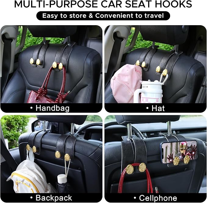 Leather Car Purse Hook for Headrest, 4 Pack (Black-Gold) | Twin Hooks Headrest Hangers, 2/4 Pack, No-Slip, Scratch-Proof, Holds Purses, Backpacks, Grocery Bags, Car Organizer Gift - Image 7