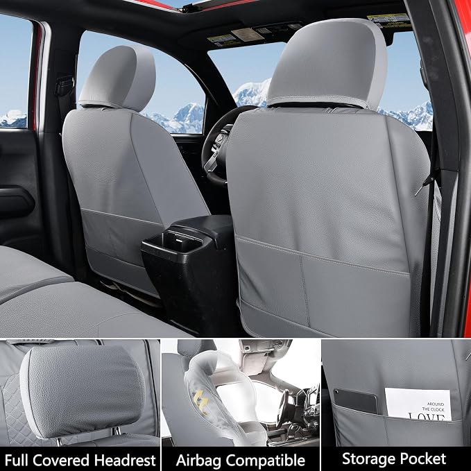 Truckiipa Seat Covers for Tacoma Full Set Leather Truck Seat Covers Waterproof Car Seat Cover Cushion Custom Fit for 2005-2015 Toyota Tacoma Double Crew Cab, Full Set, Gray - Image 4