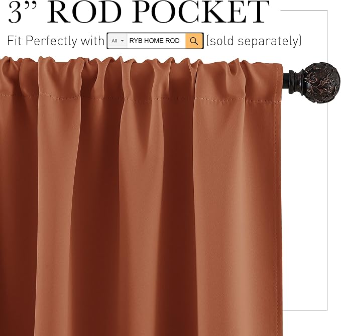 RYB HOME Cafe Blackout Curtains 24 inch Length, RV Camper Window Curtains | Short Small Half Window Tiers,Privacy,Thermal Insulated,Light UV Heat Blocking,Rod Pocket,W29 x L24,Burnt Orange,2 Panels - Image 2