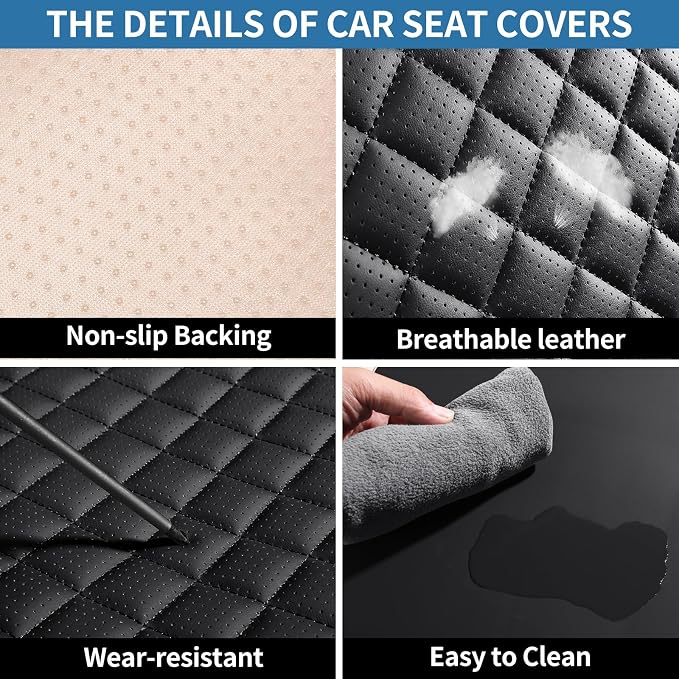 Leather Car Seat Covers Full Set Automotive Seat Protectors | Breathable Waterproof Durable Full Surround & Lumbar Support Design Non-Slip Universal Fit for Most Cars SUV Trucks Van Black - Image 3