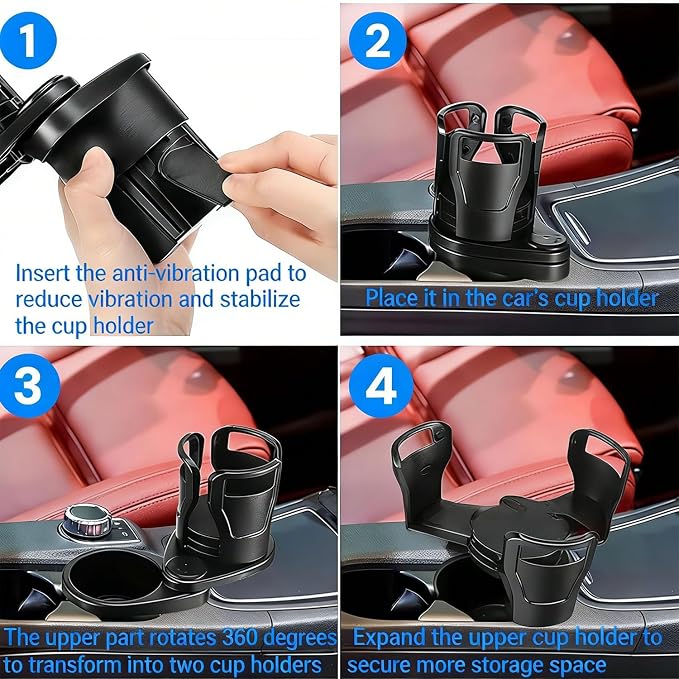 Car Cup Holder Expander, 360° Rotatable Dual Cup Holder Insert, Adjustable 7-16cm Large Drink Holder for Yeti Hydro Flask, Anti-Vibration 2-Tier Vehicle Cup Organizer for Most Car Interior - Image 4