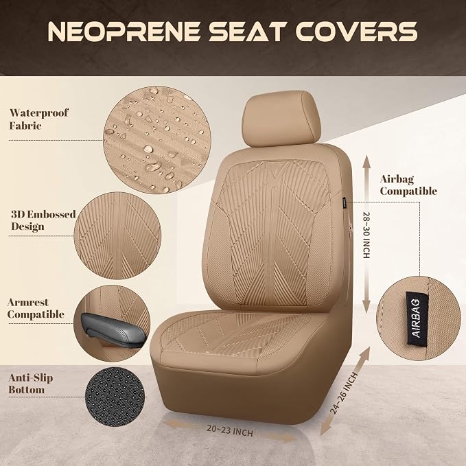 CAR PASS Waterproof Car seat Covers Full Sets Neoprene Wetsuit, All-Weather Non-Slip Durable, Universal Fit for SUV Sedans Trucks Vans Automotive, Armrest Airbag Compatible, 3D Emboss All Beige - Image 3