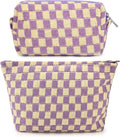 SOIDRAM 2 Pcs Checkered Makeup Bag Large Cosmetic Bag Toiletry Bag Makeup Pouch Travel Bag Organizer Cute Makeup Brushes Aesthetic Accessories Storage Bag for Women Purple by SOIDRAM