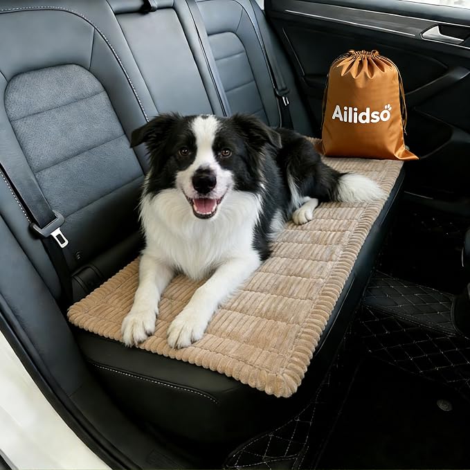 Soft Plush Dog Car Seat Cover & Sofa Protector, Non-Slip Mat (23.6''×70'') | Soft plush travel seat protector for backseat or sofa. Non-slip bottom, machine washable, includes storage bag (Brown) by Ailidso