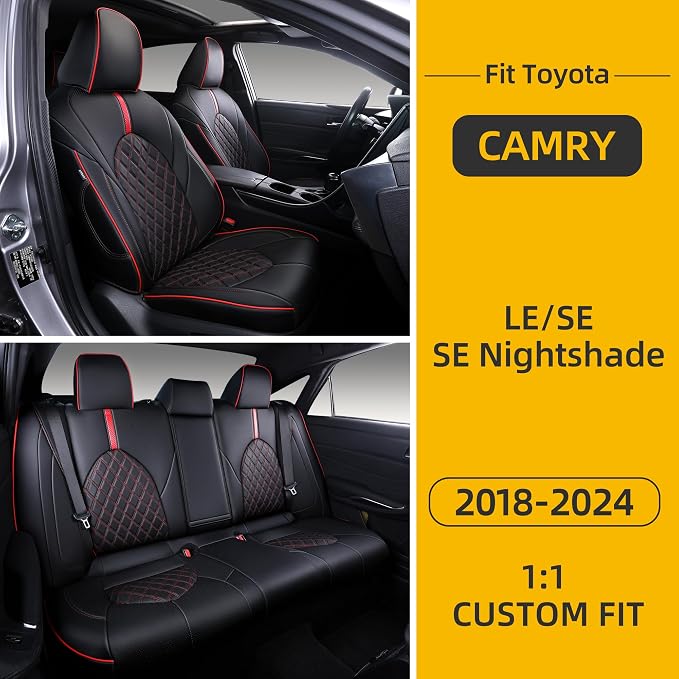 Custom Fit Camry Seat Covers for 2018-2024 Toyota Camry Gas - Black+Red | Waterproof Faux Leather Full Coverage, Car Seat Protectors Full Set, Fit Toyota Camry LE SE SE Nightshade, Airbag Compatible - Image 7