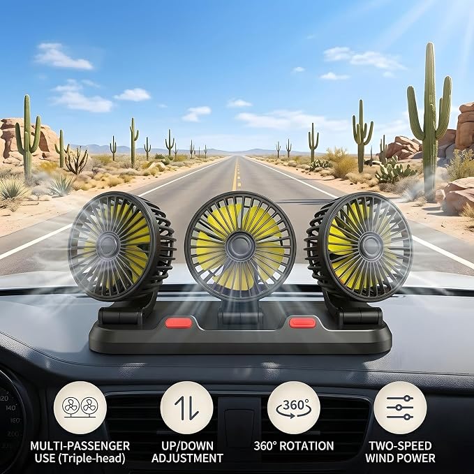 Portable 3-Head Car Cooling Fan, 12V Cigarette Lighter Plug Dashboard Fan for Vehicles Cars Trucks SUV, 360° Adjustable Heads Strong Airflow (No Battery) - Image 6