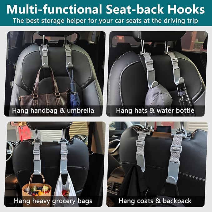 Amooca 4 Pack Anti-drop Headrest Hooks Adjustable Car Seat Organizer | Universal Fit with Clip, Hanger for Backpack Umbrella Water Bottle Coat Purses Handbags Groceries, 40lb Heavy Duty, Gray - Image 5