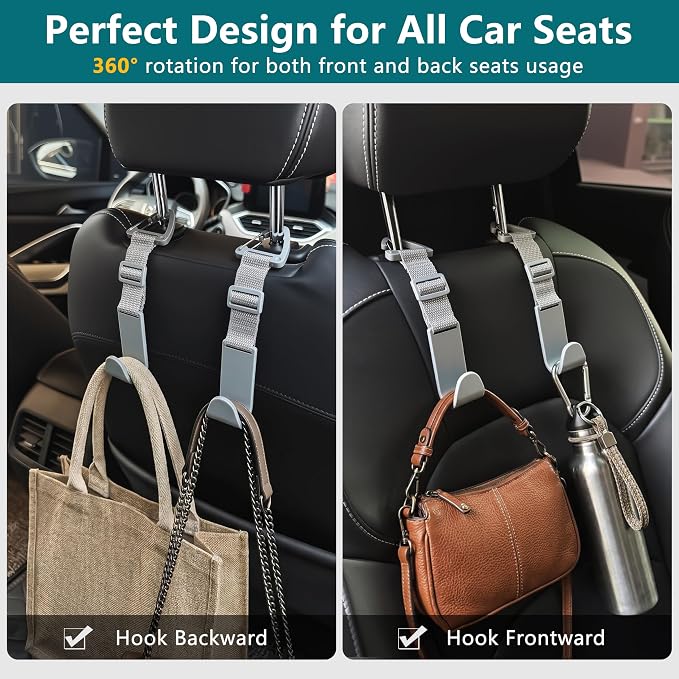 Amooca 4 Pack Anti-drop Headrest Hooks Adjustable Car Seat Organizer | Universal Fit with Clip, Hanger for Backpack Umbrella Water Bottle Coat Purses Handbags Groceries, 40lb Heavy Duty, Gray - Image 3