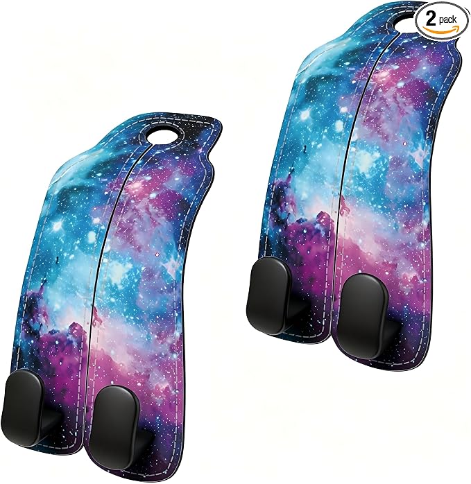 Car Seat Back Headrest Hooks - 2 Pack, Cosmic Galaxy Art Pattern Purse Hook for Car, Metal Leather Multifunctional Auto Hanger Organizer for Bags Water Bottles Phones by Unknown