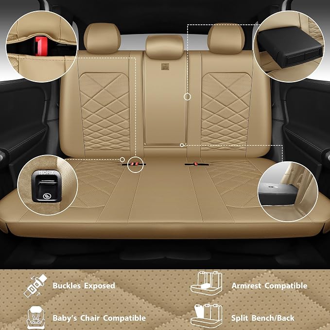 CAR PASS Luxury Nappa Leather Seat Covers Full Set, Water Resistant Faux Leather Seat Cover with Lumbar Support, Breathable Automotive Seat Covers Universal Fit for Sedan SUV Van Truck, Pure Beige - Image 4