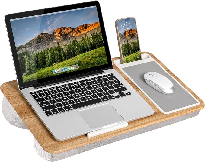 LAPGEAR Home Office Lap Desk – Oak Woodgrain, Fits 15.6” Laptops | Built-In Mouse Pad & Phone Slot, Integrated Device Ledge, Dual-Bolster Microbead Cushion, Carry Handle by LapGear