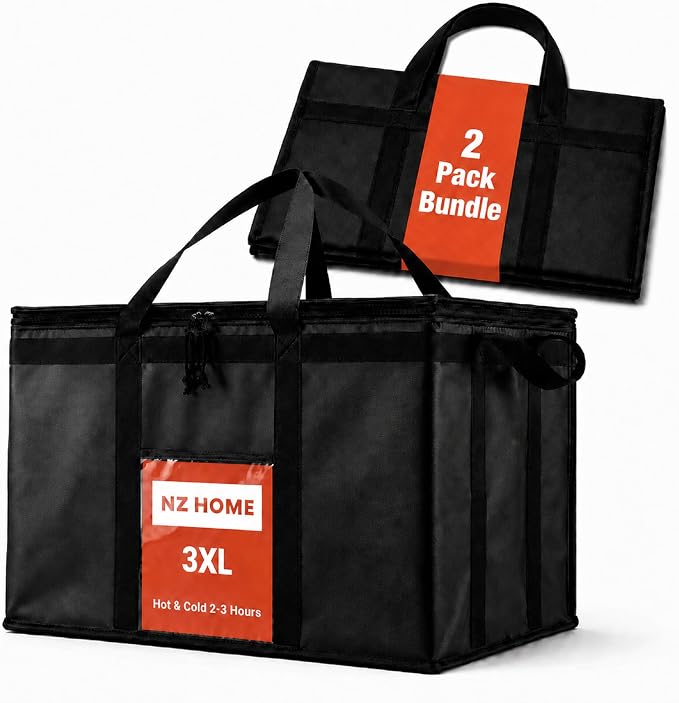 NZ home Insulated Food Bag, Portable Cooler Tote (3XL, Black, 2 Pack) | Large thermal bag, For cold & hot food, Soft sided cooler, Heavy duty carrier, Grocery shopping, Food delivery, Catering bag by NZhome