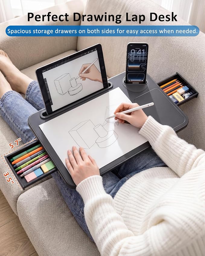 Adjustable Lap Desk with Cushion Stroage Rotatable Phone Stand | Laptop Lap Desk with 8 Angles Adjustable Mouse Pad and iPad Stand for Bed Couch Car Home Office, Fits up to 14" Laptop - Image 4