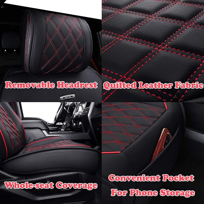 Front Car Seat Covers for Ford F150 F250 F350 F450 (Black-Red) | Custom Fit 2009-2026 F150 XLT STX XL, 2017-2026 F250 F350 F450 Super Duty Crew Cab Regular Cab Super Cab, Waterproof Leather - Image 5