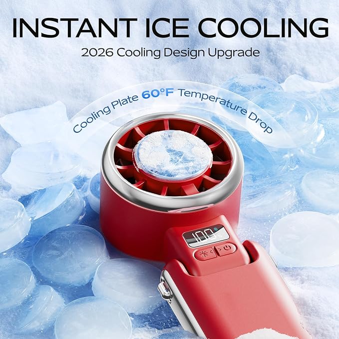 SHEWIND Portable Handheld Fan with Ice Cooling - 5 Gear High Speed Turbo Personal Fan Rechargeable, Up to 11 Hrs, Mini Hand Fans for Travel Essentials, Beach Vacation, Gifts for Women, Men (Red) - Image 4
