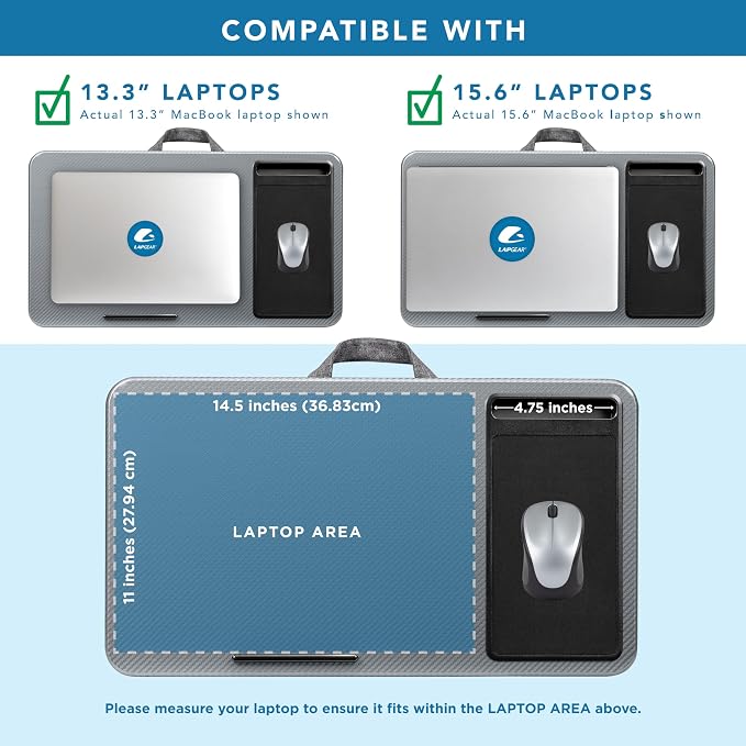 LAPGEAR Home Office Lap Desk – Silver Carbon, Fits 15.6” Laptops | Built-In Mouse Pad & Phone Slot, Integrated Device Ledge, Dual-Bolster Microbead Cushion, Carry Handle - Image 3