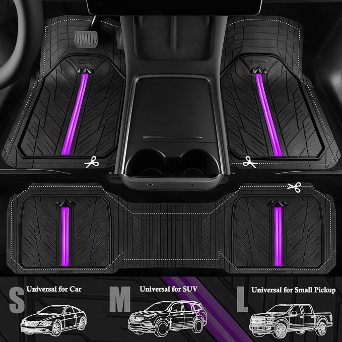 CAR PASS Rubber Floor Mats for Cars, Car Mats Full Sets DeepDish,Universal S~L Size Trim-to Fit Automotive Floor Mat for Truck Van SUV, Heavy Duty Waterproof All-Weather Floor Liners Black Purple - Image 4