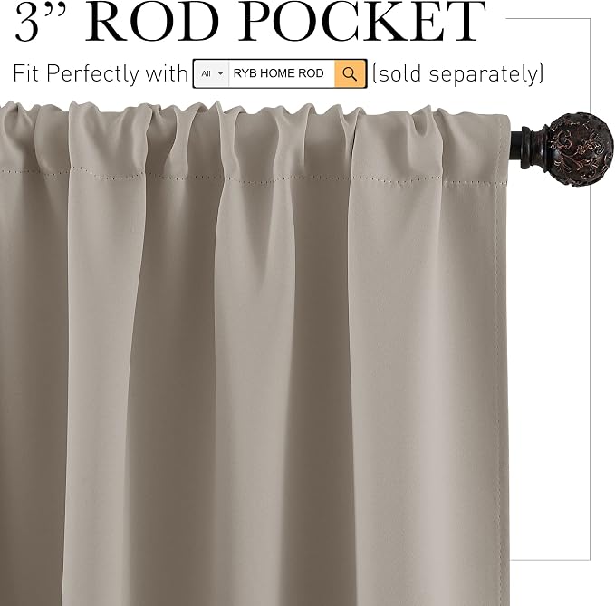 RYB HOME Half Curtain Tiers 36 inch Length, Rod Pocket | Short Blackout Curtains for Small Window, Thermal Insulated, Privacy Protection, Energy Efficient, W34 x L36, Sand, 2 Panels - Image 2