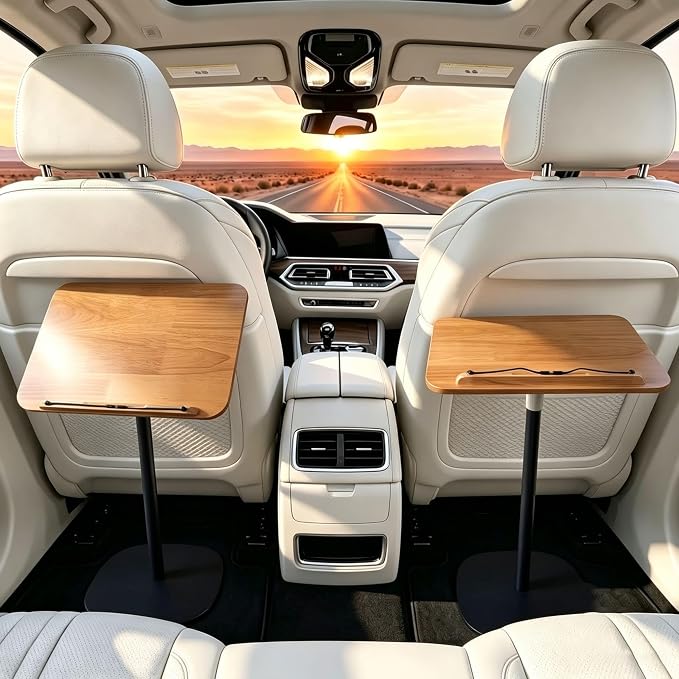 Adjustable Car Desk for RV with Solid Wood Tabletop, Tilt & 360° Swivel Mobile Office Workstation, Height Adjustable Camper Desk for Motorhome, SUV, Home Office, Reading and Travel by Unknown