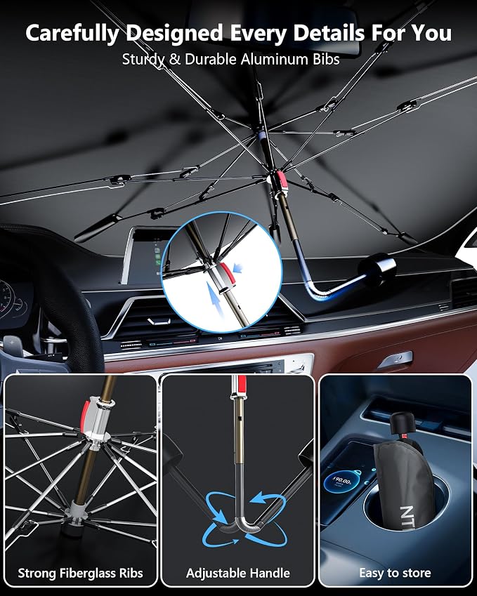 [2026 Upgraded] Windshield Sun Shade Umbrella for Car - [Vinyl Coating] Protect Car Interior from Sun Heat Damage Keep Cool, Sun Visor Cover Foldable Sunshade for Front Window (53" L X 29" W) - Image 5