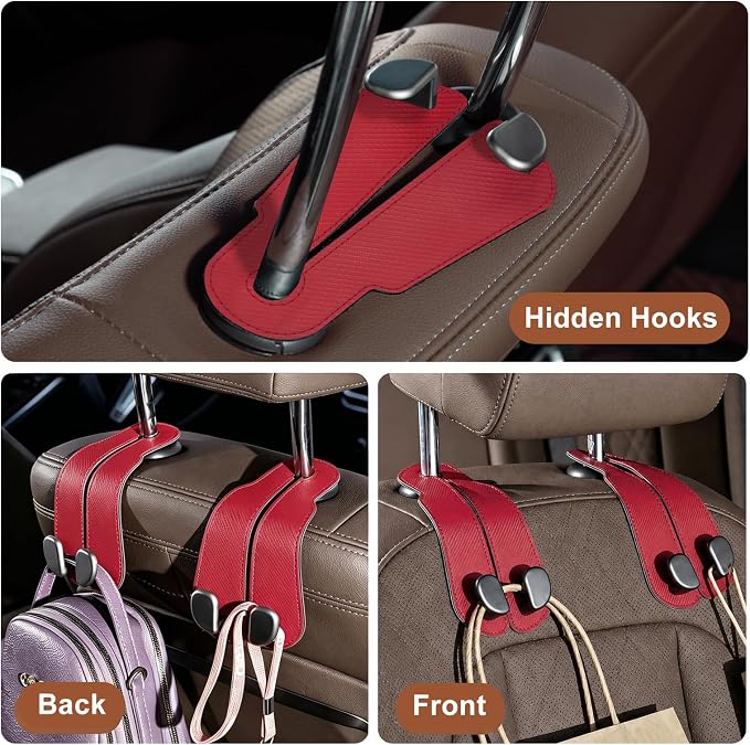 CoBak Purse Hook for Car - Universal Premium Stitched Leather and Aluminum-Magnesium Alloy Double Car Seat Back Storage Hook for Purses, Handbags, Bags (2 Pack),Carbon Red - Image 4