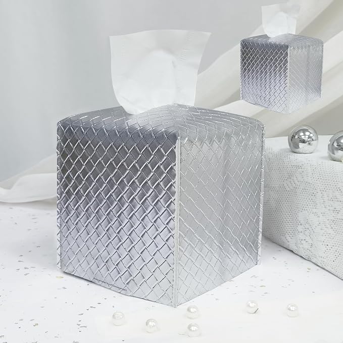 HOMOTEK 2 Pack Tissue Box Cover, Square PU Leather Tissue Holder, Decorative Facial Tissue Cube Paper Organizer Dispenser for Bathroom, Night Stands, Desk, Car 5X5X5'' - Woven Waffle, Silver by HOMOTEK