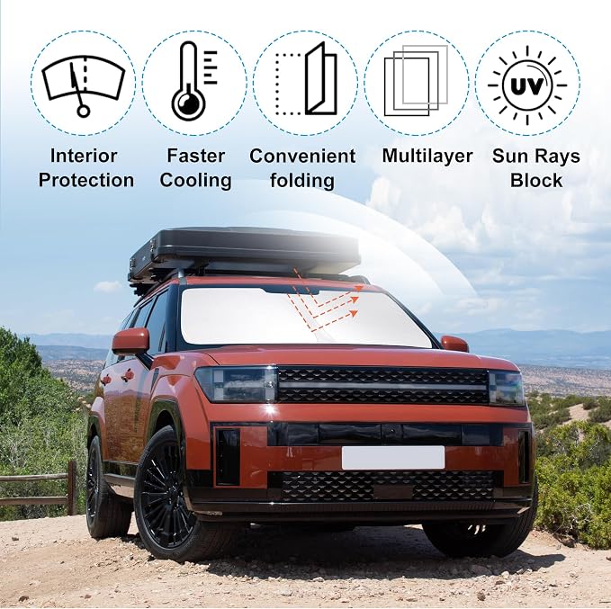 Front Windshield Sun Shade Foldable Front Window Sun Shade Visor Custom Fit for 2024-2026 Hymdai Santa Fe Block UV Rays Heat Sun Shield Keep Car Cooler Car Accessories - Image 2