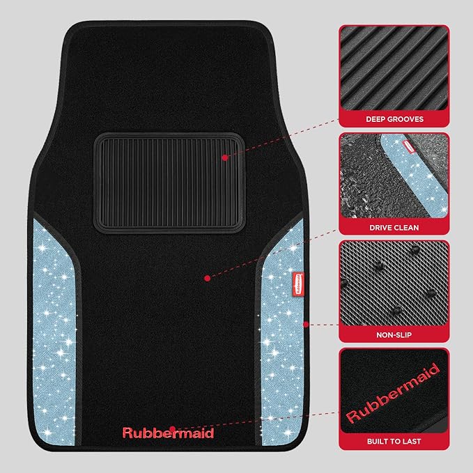 Rubbermaid Bling Car Mats, Carpeted Floor Car Mat with Faux Leather & Built-in Heel Pad, Two-Tone Car Rug Floor Mats, Stylish Carpeted Floor Mats for Cars, Trucks & SUVs Glitter Blue Color - Image 3