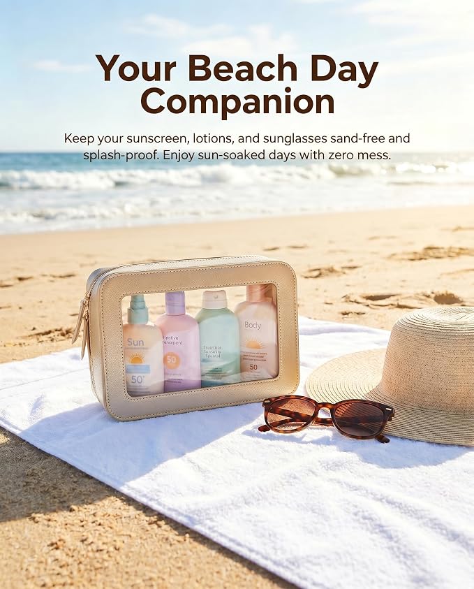 Sunscreen Bag Clear Makeup Toiletry Pouch Beach Vacation Essentials for Women Teen Girls Trip Gifts Summer Pool Travel Must Have Accessories Waterproof StuffClear-Golden - Image 2