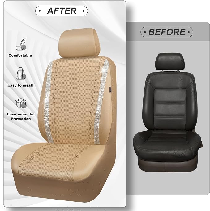 CAR PASS Leather Bling Diamond Car Seat Covers 2 Front Interior Sets, Waterproof Universal Shining Glitter Crystal Sparkle Fit for 95% Automotive Truck SUV Cute Women Girl, Beige Rhinestone - Image 4